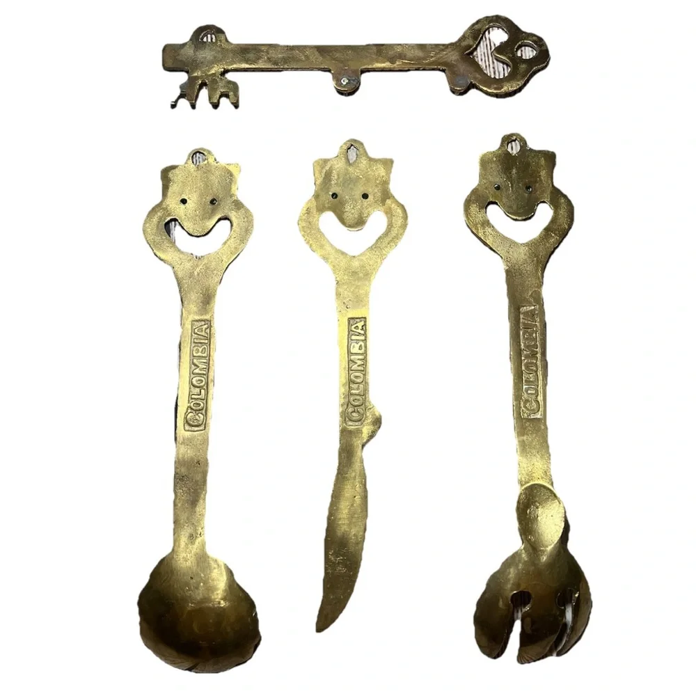 Vintage Brass Handcrafted Utensil Hanger Set Decor Colombian Egyptian Tribal 60s